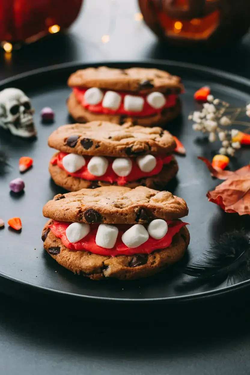 White sugar cookies shaped like teeth with red raspberry “blood” drips on a black platter